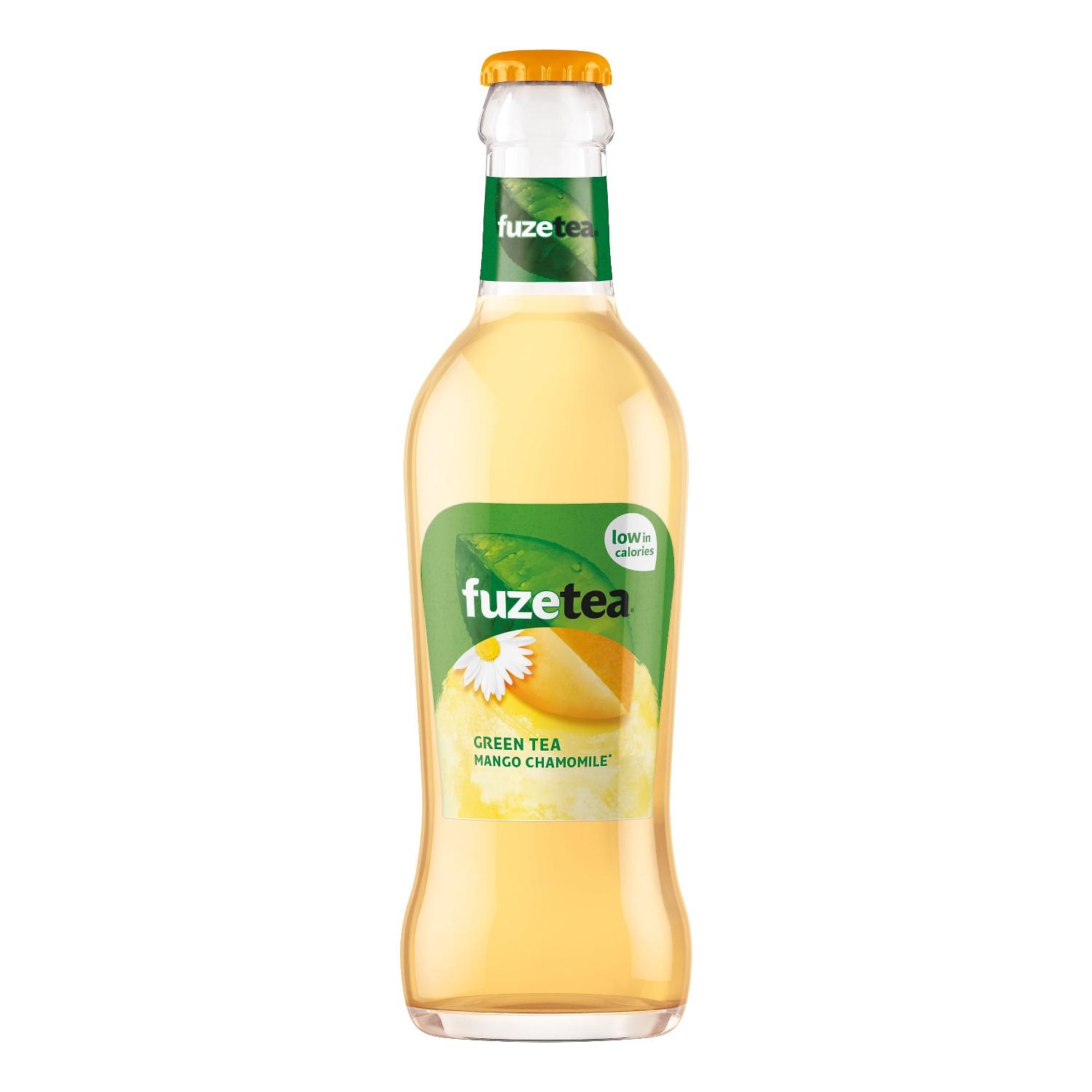 Fuze Tea Mango Chamomile 20cl – krat met 24 glazen flesjes ijsthee