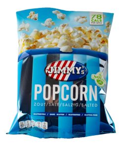 Jimmy’s Zoute Popcorn Mini Zakjes Doos 21 Stuks – 27g per portie